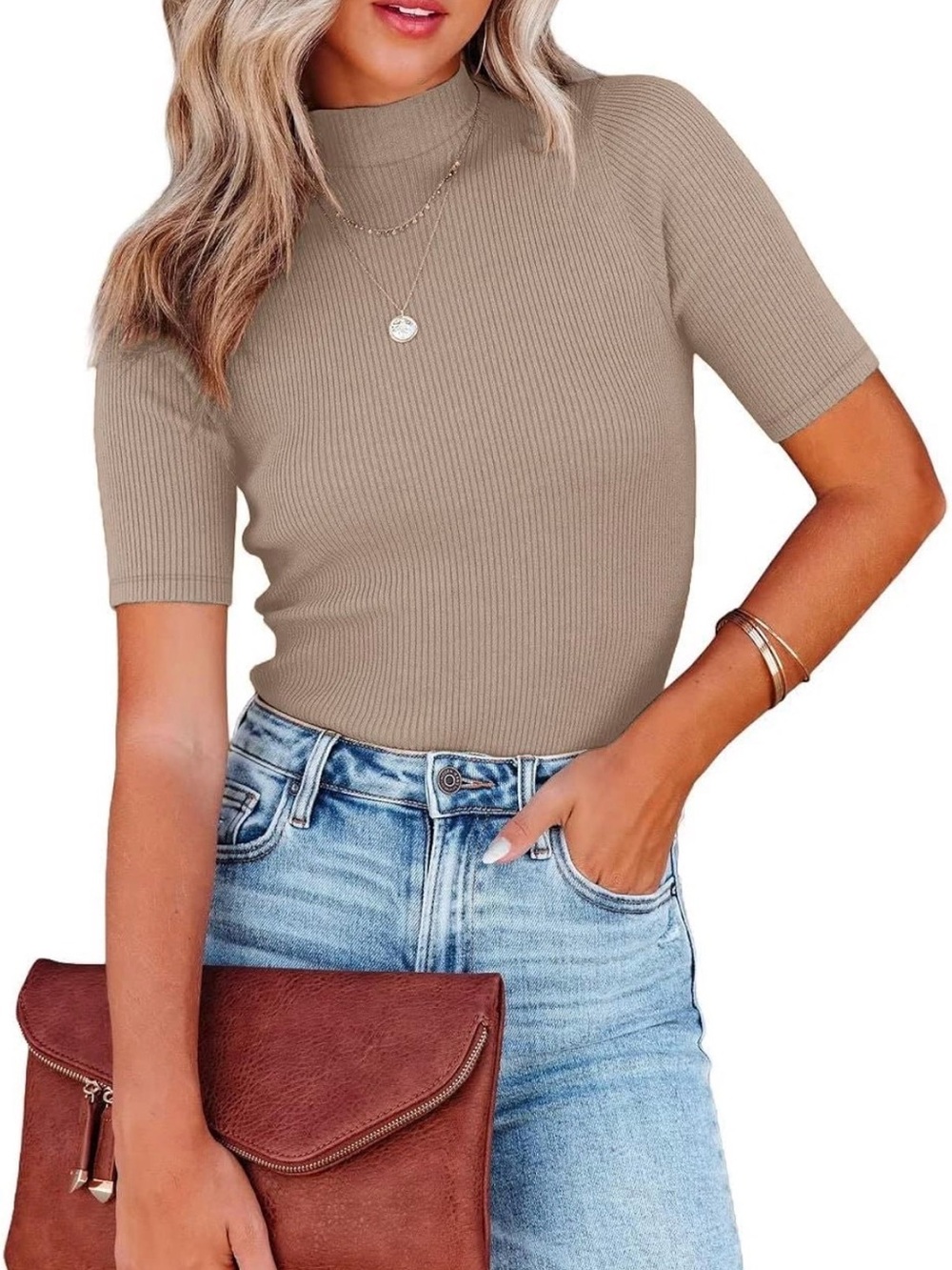 Brown Ribbed Mock Neck Sleeveless Top Size Small